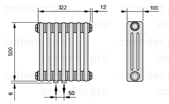 Схема (чертеж) Радиатор Zehnder Charleston 3050/7 №3470 Белый глянцевый RAL 9016